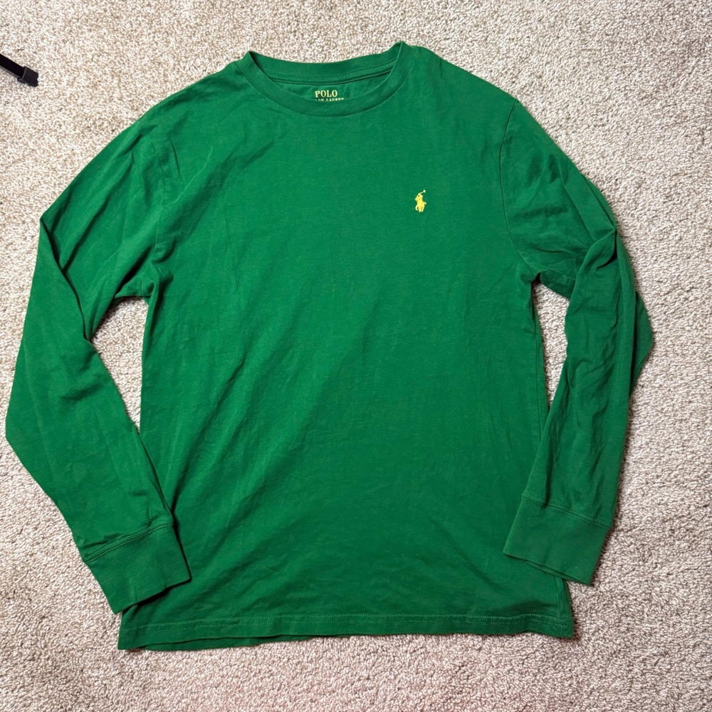 Polo Ralph Lauren Long Sleeve Shirt Kids Size L 14-16 Green Yellow Pony Logo